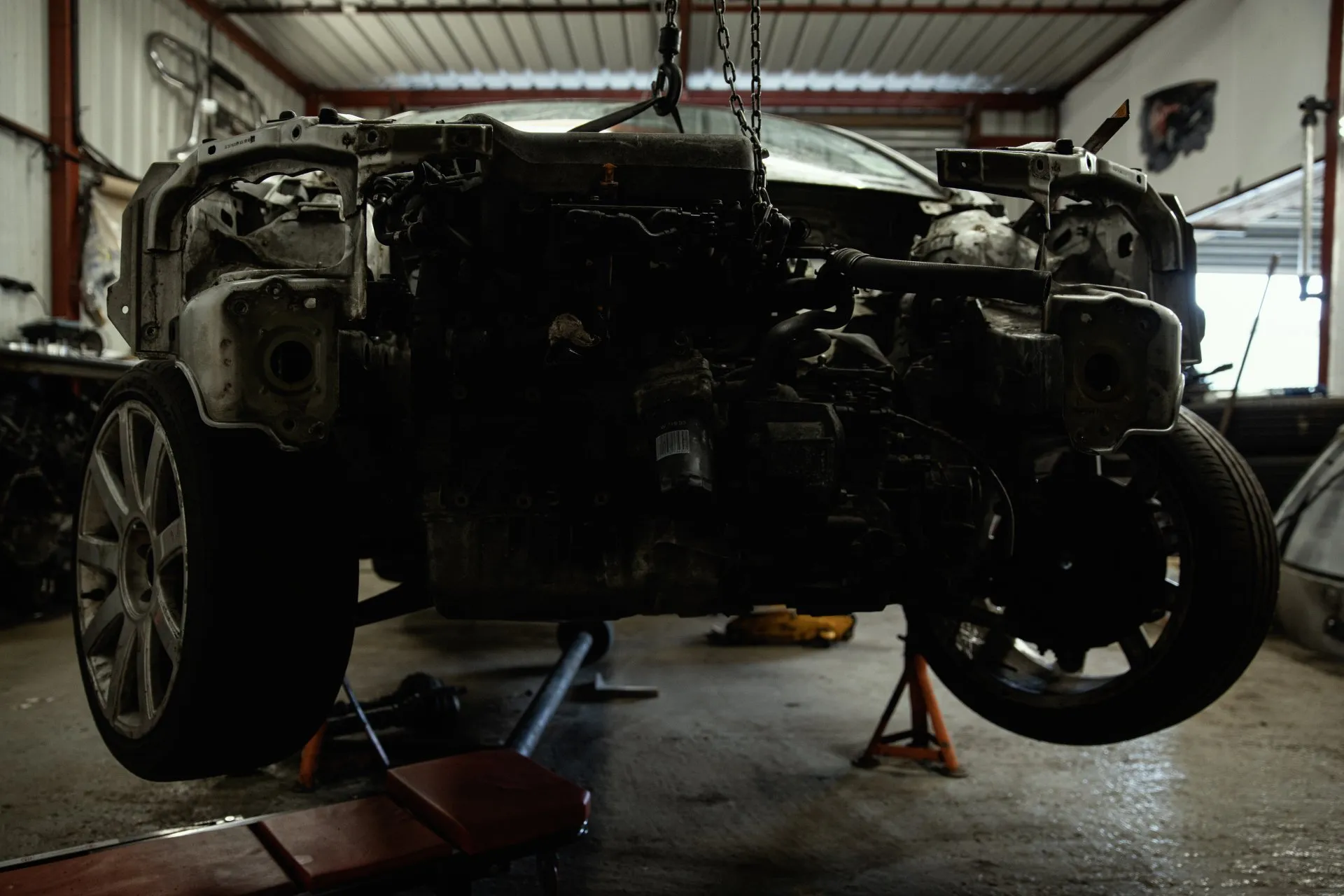 Engine and gearbox removed from vehicle